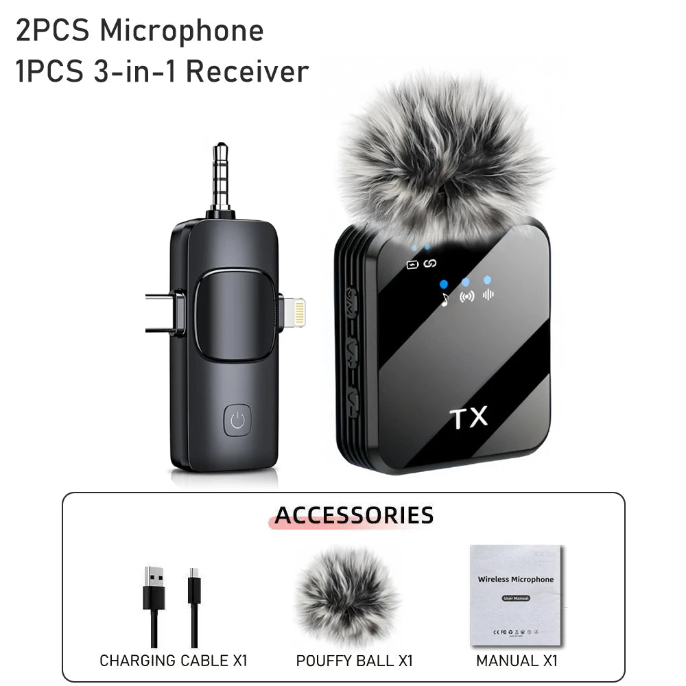 3 in 1 Wireless Lavalier Microphone Noise Reduction Mic for Video Recording