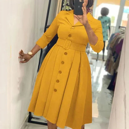 Elegant Women Office Dress Long Sleeve Button Down Belted Midi