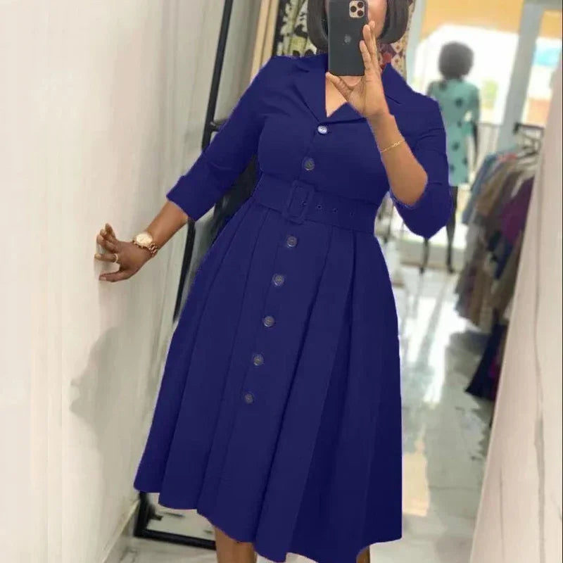 Elegant Women Office Dress Long Sleeve Button Down Belted Midi