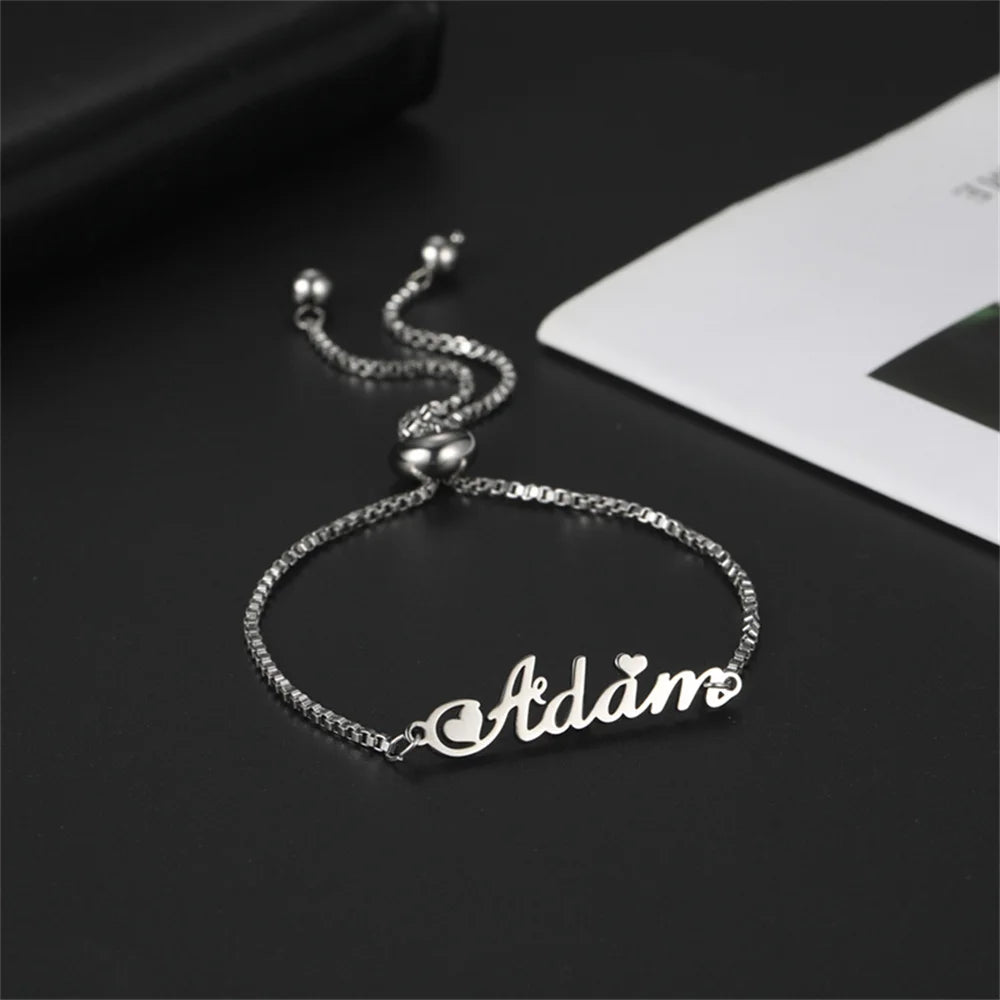 Custom Name Bracelets Hebrew Customized Personalized Name Stainless Steel Jewelry Box Chain Valentine's Day Gifts for Couple