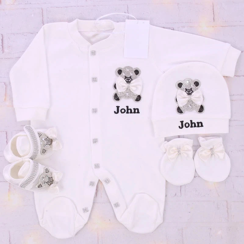 Name Personalized Layette Newborn 4pcs Crown Jewelry Welcome Home Romper Baby Clothes Baby Girl Boy Toddler's Cotton Outfits