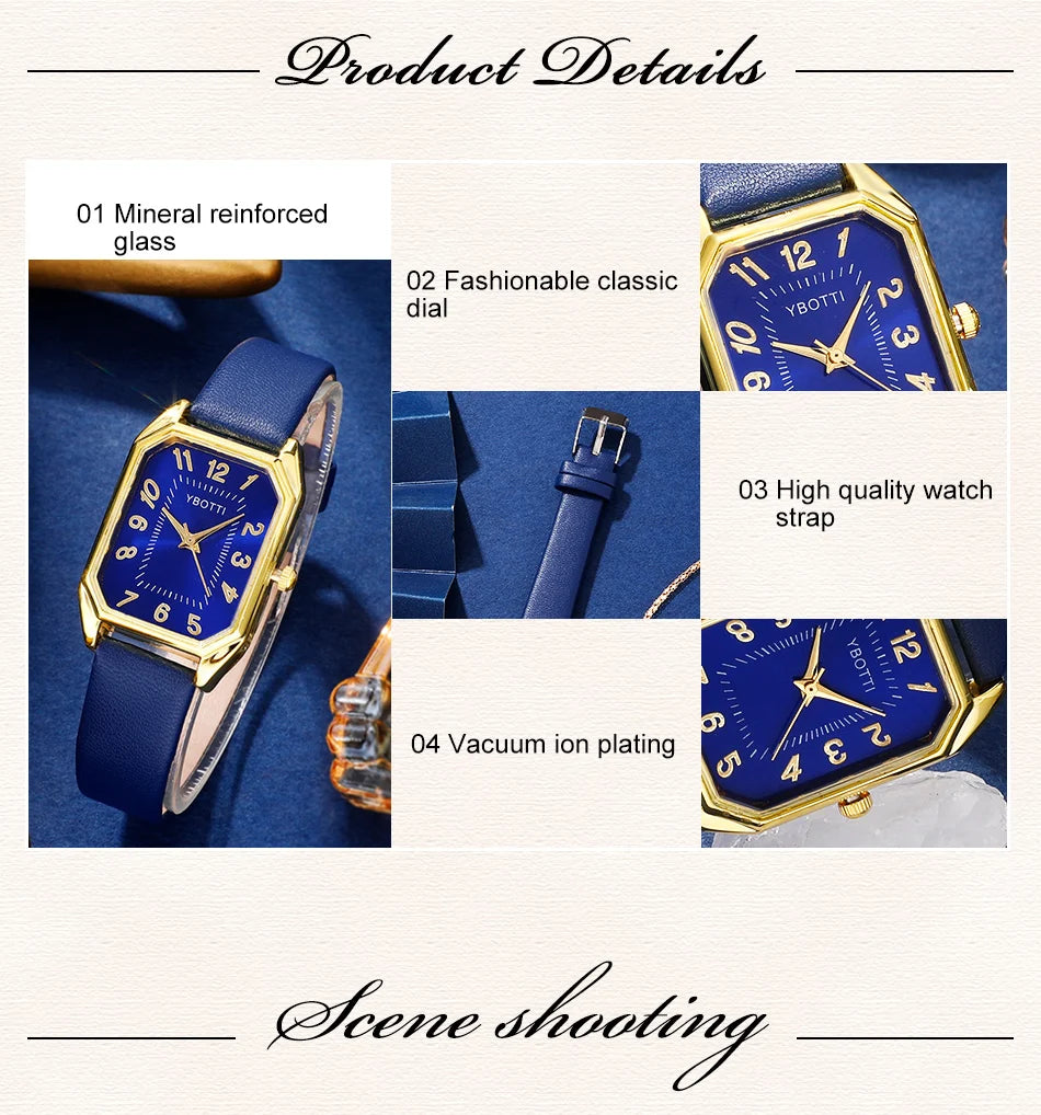 Luxury Fashion Square Women's Watches Brand Ladies Quartz Wristwatch Classic Simple Femme Blue Leather Band Relogio Feminino