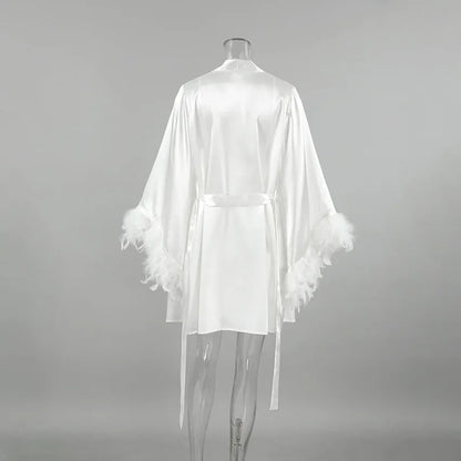 Wedding Bride Robe Feather Kimono Sexy Satin Sleepwear Gown