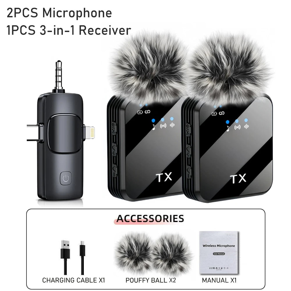 3 in 1 Wireless Lavalier Microphone Noise Reduction Mic for Video Recording
