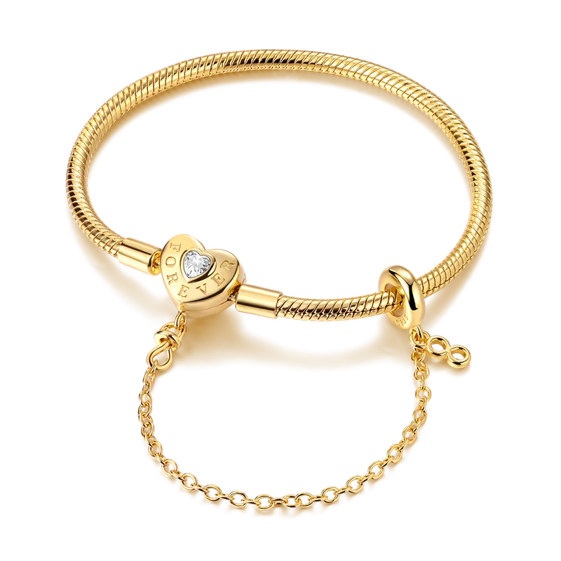 925 Sterling Silver Bracelets 17-20CM Original Golden Sparkling Heart Shaped Bracelet Fit DIY Charms Beads Fashion Women Jewelry