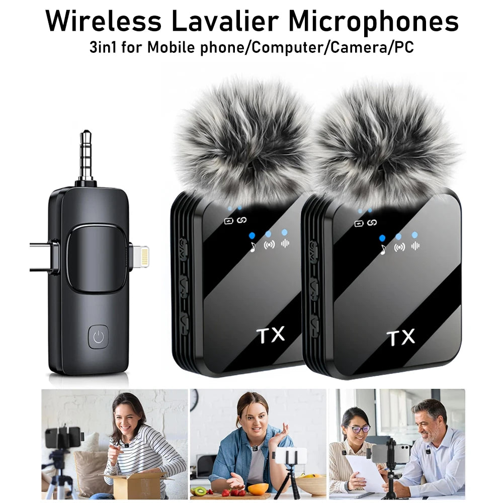 3 in 1 Wireless Lavalier Microphone Noise Reduction Mic for Video Recording
