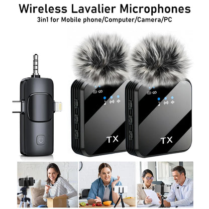 3 in 1 Wireless Lavalier Microphone Noise Reduction Mic for Video Recording