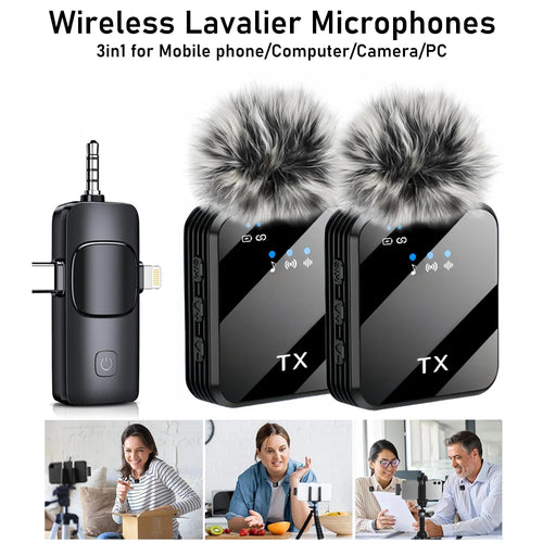 3 in 1 Wireless Lavalier Microphone Noise Reduction Mic for Video Recording