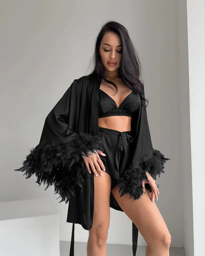 Wedding Bride Robe Feather Kimono Sexy Satin Sleepwear Gown