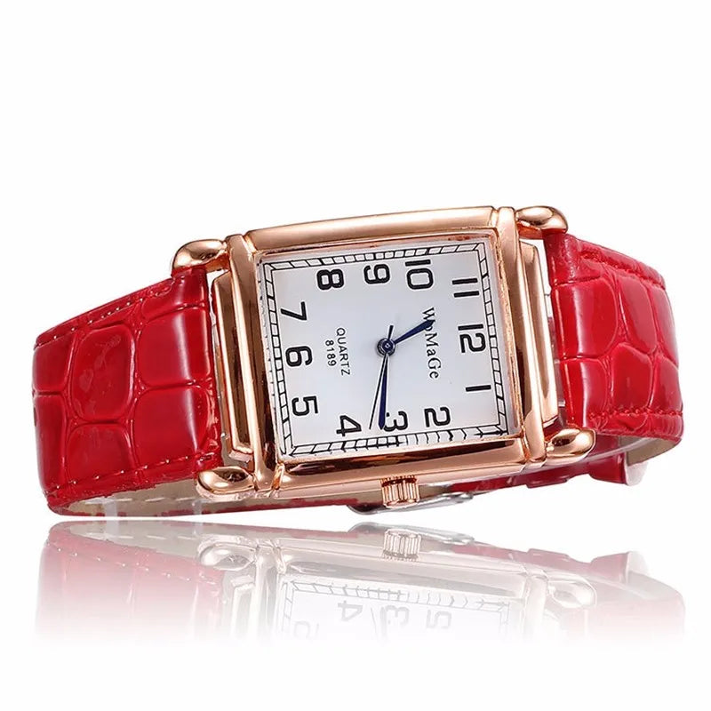 Fashion Women Watches Luxury Metal Rose Gold Square Ladies Quartz Wristwatch Rectangle Red Leather Female Clock