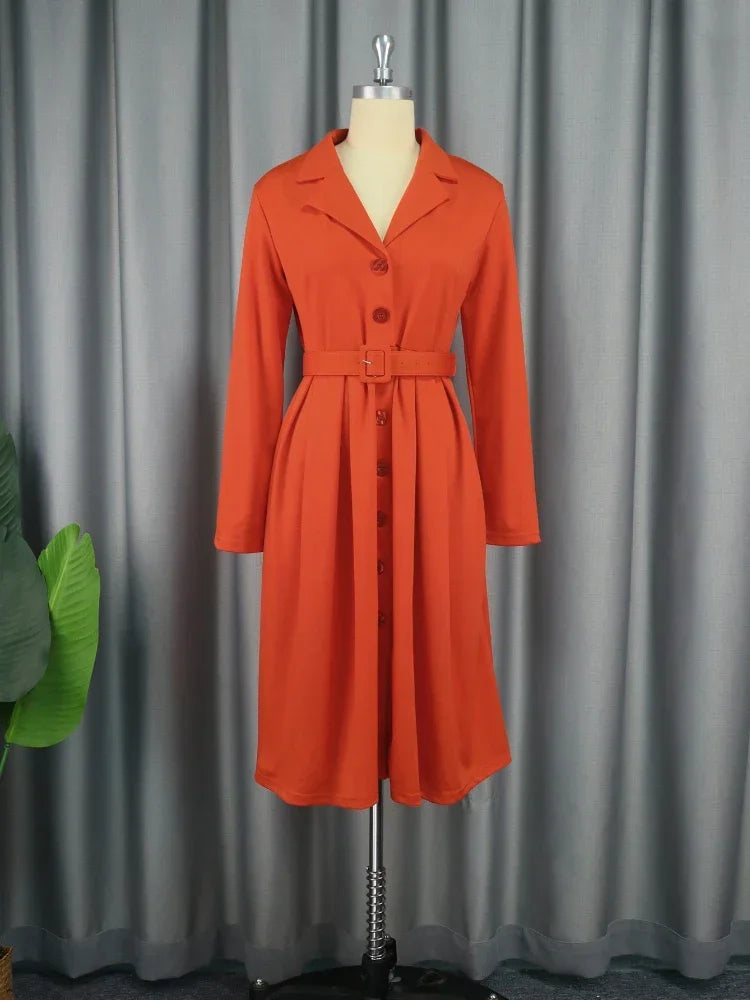 Elegant Women Office Dress Long Sleeve Button Down Belted Midi