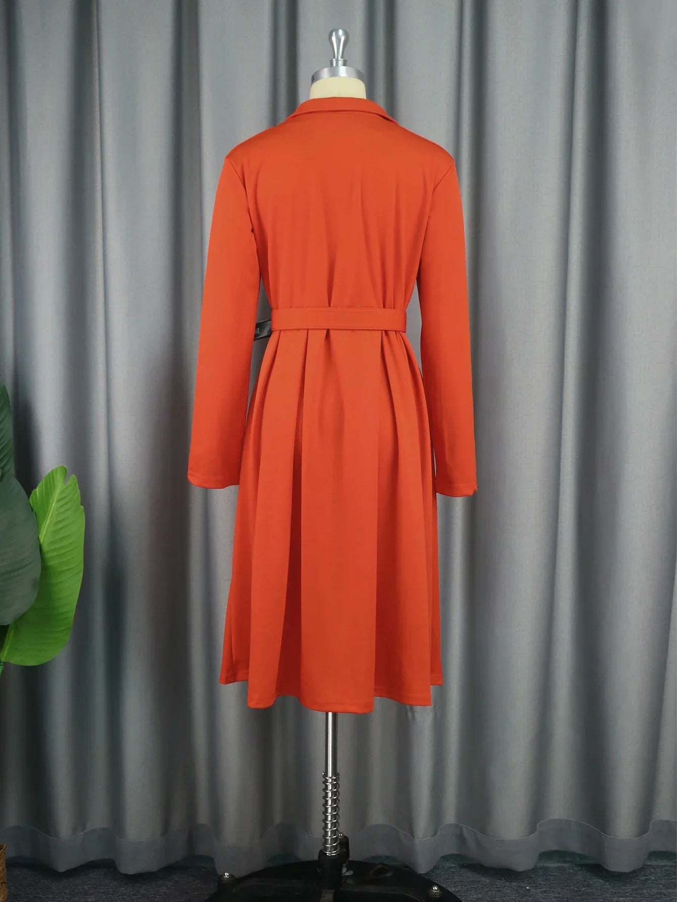 Elegant Women Office Dress Long Sleeve Button Down Belted Midi
