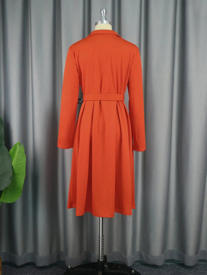 Elegant Women Office Dress Long Sleeve Button Down Belted Midi