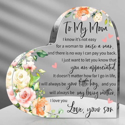 Mom Acrylic Heart Plaque: Birthday/Mother's Day/Christmas/Valentine's Gift from Son/Daughter. Thoughtful, Shows Gratitude