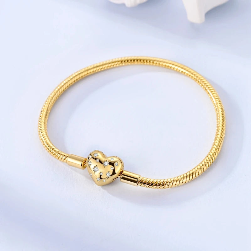 925 Sterling Silver Bracelets 17-20CM Original Golden Sparkling Heart Shaped Bracelet Fit DIY Charms Beads Fashion Women Jewelry