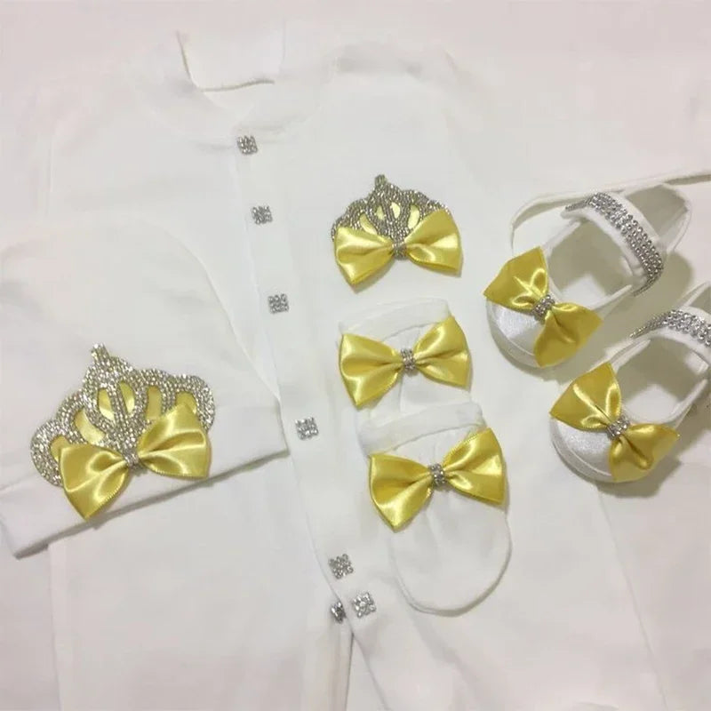 Name Personalized Layette Newborn 4pcs Crown Jewelry Welcome Home Romper Baby Clothes Baby Girl Boy Toddler's Cotton Outfits
