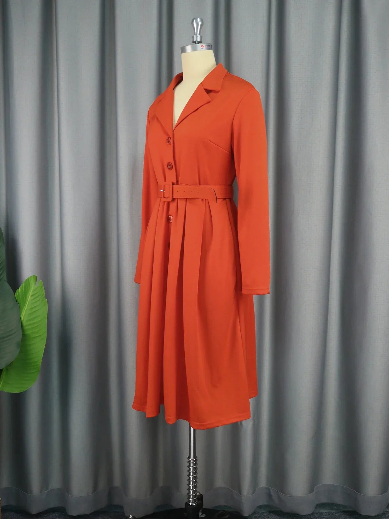 Elegant Women Office Dress Long Sleeve Button Down Belted Midi