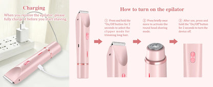 2-in-1 Women Electric Razor Painless Bikini and body hair Trimmer Wet Dry Rechargeable