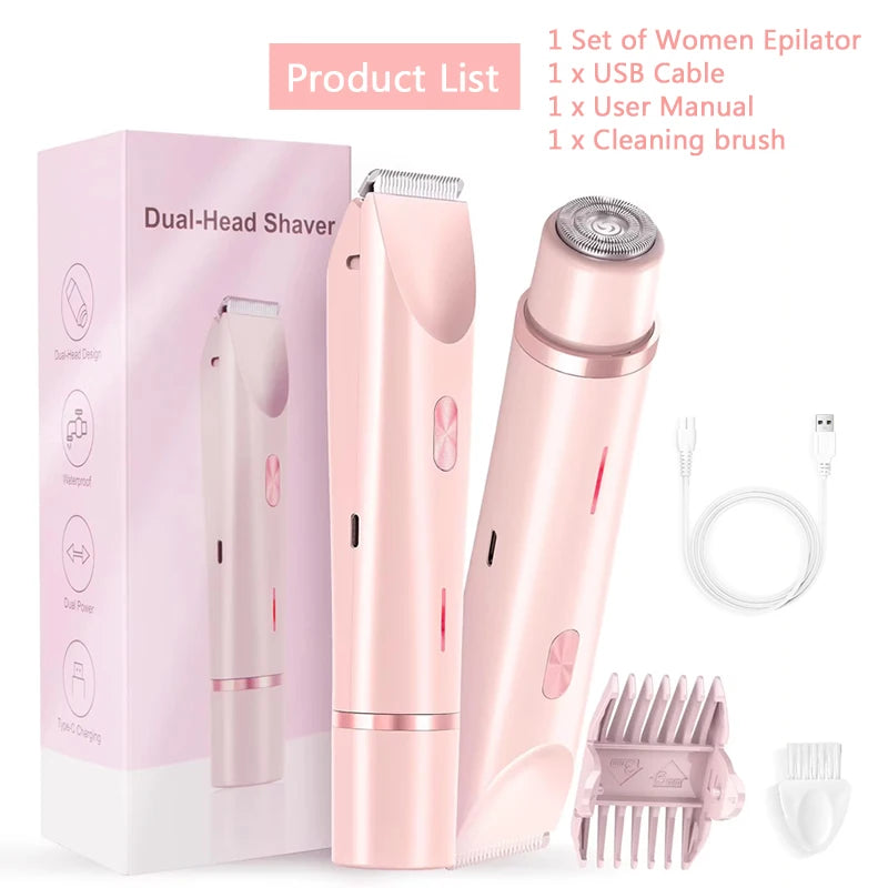 2-in-1 Women Electric Razor Painless Bikini and body hair Trimmer Wet Dry Rechargeable
