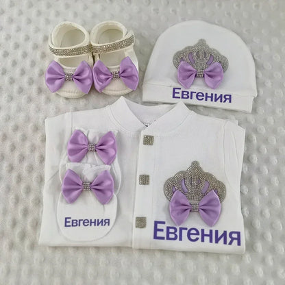 Name Personalized Layette Newborn 4pcs Crown Jewelry Welcome Home Romper Baby Clothes Baby Girl Boy Toddler's Cotton Outfits