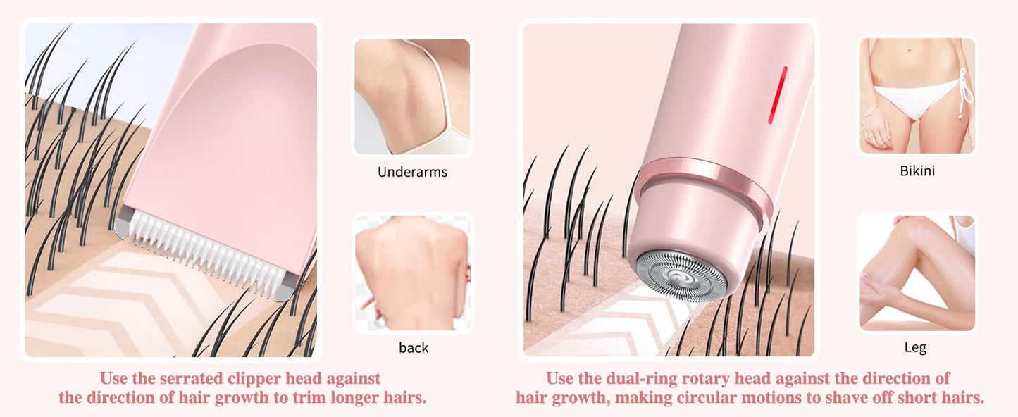 2-in-1 Women Electric Razor Painless Bikini and body hair Trimmer Wet Dry Rechargeable