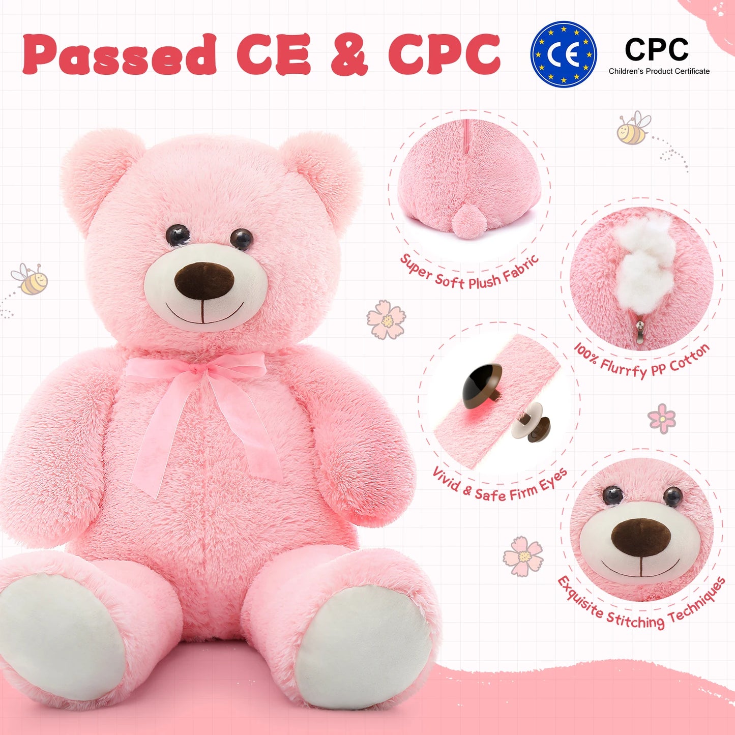 MorisMos Giant Teddy Bear Stuffed Animal 3ft-36 inch Big Pink Teddy Bear for Girlfriend Boyfriend Wife Mom Fiancée Valentine's