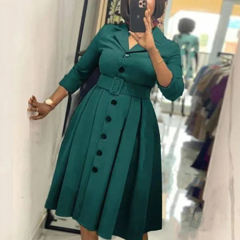 Elegant Women Office Dress Long Sleeve Button Down Belted Midi