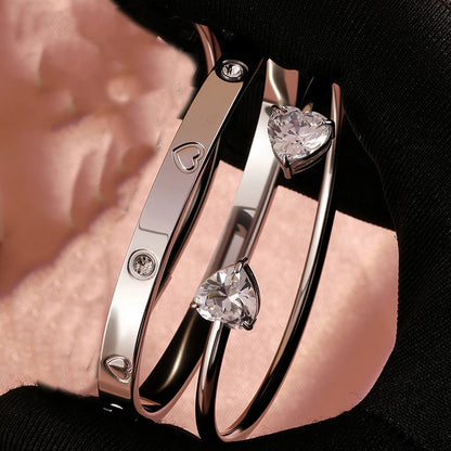 Yupsk 18K Gold Plated Stainless Steel Heart Shape Zirconia Open Bracelet for Women Sparkling Zircon Valentine's Day Gift