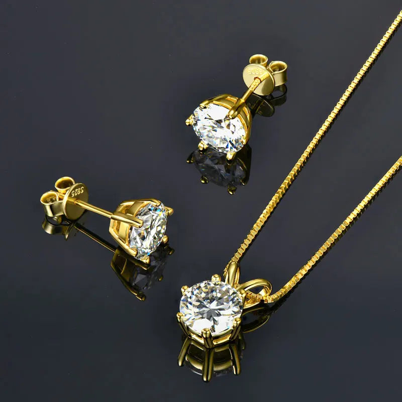 IOGOU Real 925 Silver Moissanite Jewelry Set Gold Plated 0.5-2ct Stud Earrings Solitaire Pendant Necklace Set for Women Men Gift