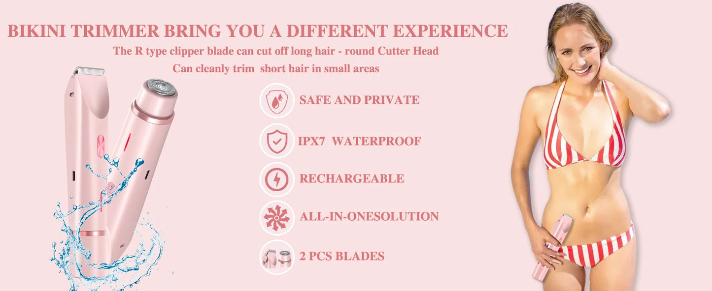 2-in-1 Women Electric Razor Painless Bikini and body hair Trimmer Wet Dry Rechargeable