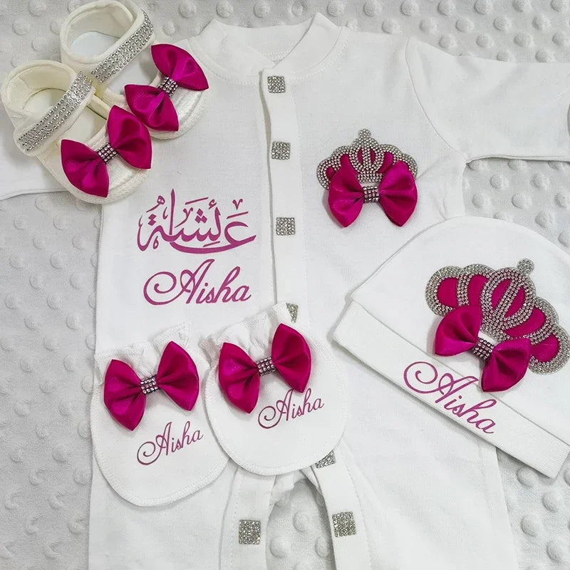 Name Personalized Layette Newborn 4pcs Crown Jewelry Welcome Home Romper Baby Clothes Baby Girl Boy Toddler's Cotton Outfits