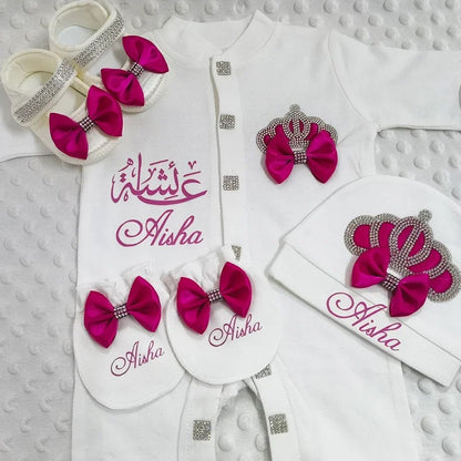 Name Personalized Layette Newborn 4pcs Crown Jewelry Welcome Home Romper Baby Clothes Baby Girl Boy Toddler's Cotton Outfits