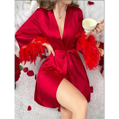 Wedding Bride Robe Feather Kimono Sexy Satin Sleepwear Gown