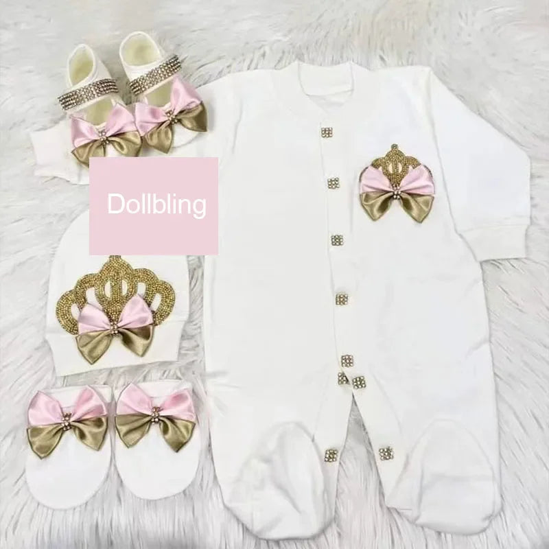 Name Personalized Layette Newborn 4pcs Crown Jewelry Welcome Home Romper Baby Clothes Baby Girl Boy Toddler's Cotton Outfits