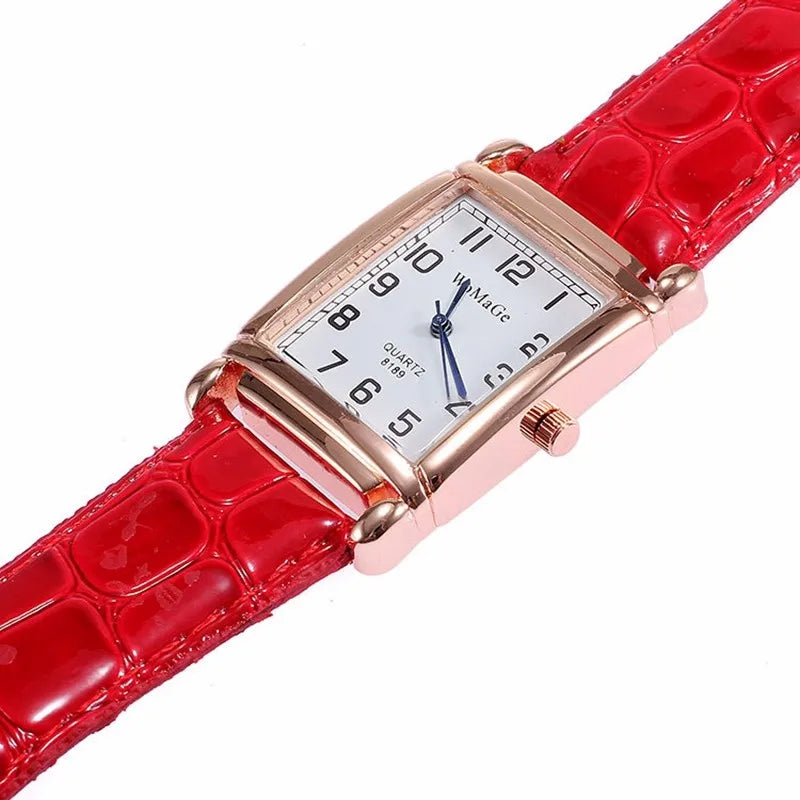 Fashion Women Watches Luxury Metal Rose Gold Square Ladies Quartz Wristwatch Rectangle Red Leather Female Clock