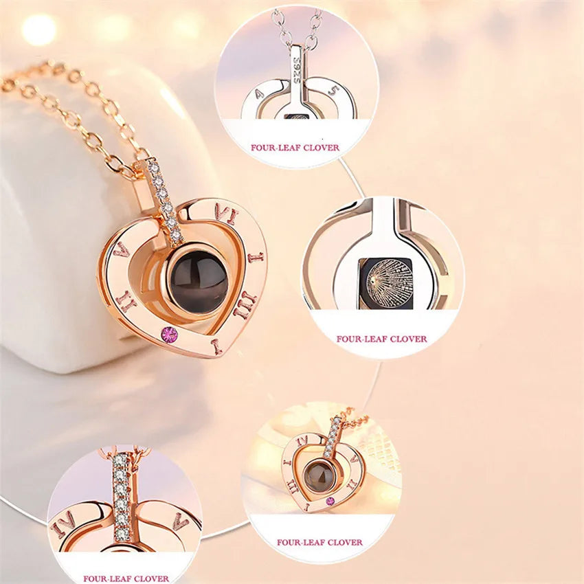 100 Languages I Love You Projection Necklace With Rotating Rose Gift Box 2023 New Creativity Design Romantic Luxury Jewelry Set