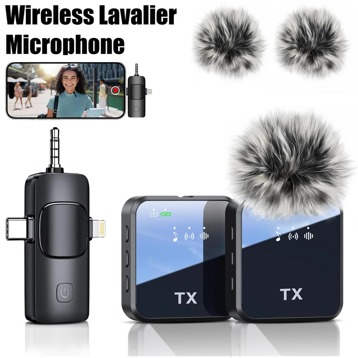 3 in 1 Wireless Lavalier Microphone Noise Reduction Mic for Video Recording