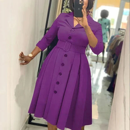 Elegant Women Office Dress Long Sleeve Button Down Belted Midi