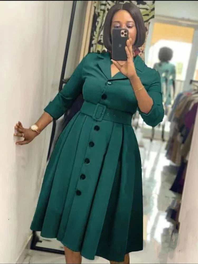 Elegant Women Office Dress Long Sleeve Button Down Belted Midi