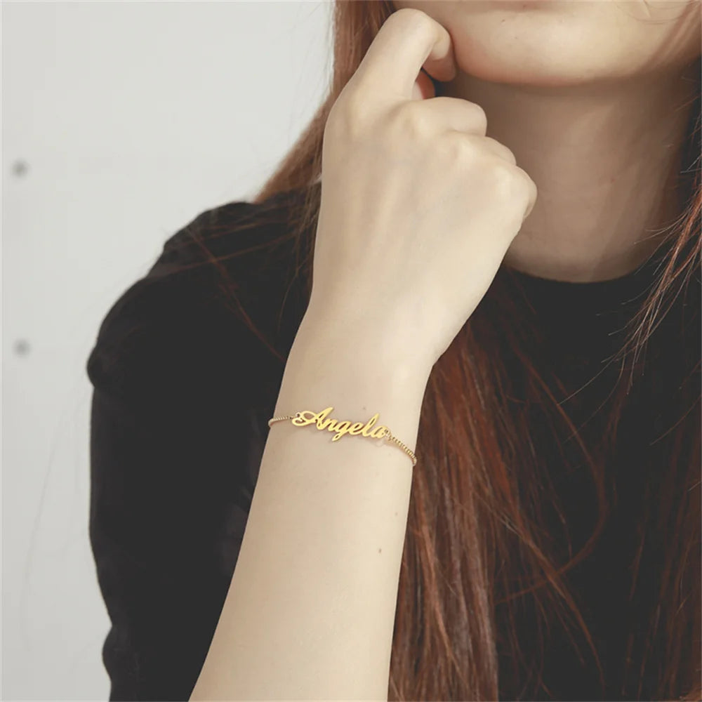 Custom Name Bracelets Hebrew Customized Personalized Name Stainless Steel Jewelry Box Chain Valentine's Day Gifts for Couple