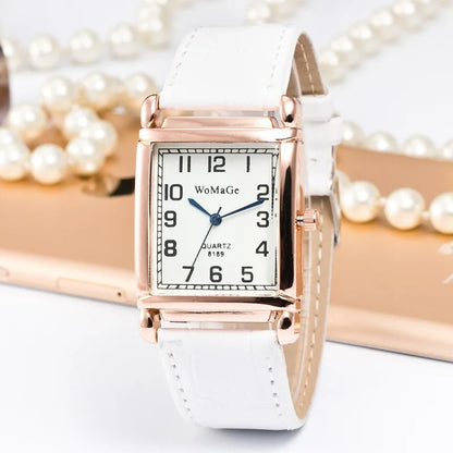 Fashion Women Watches Luxury Metal Rose Gold Square Ladies Quartz Wristwatch Rectangle Red Leather Female Clock