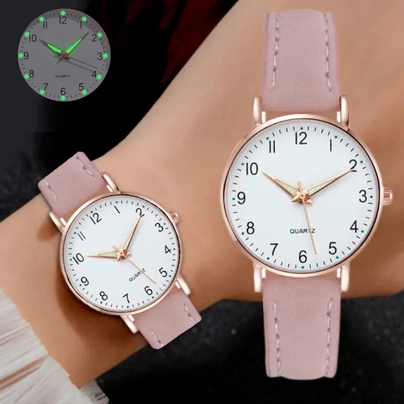 Ladies Retro Quartz Watch Diamond Dial Luminous Leather Strap Watch
