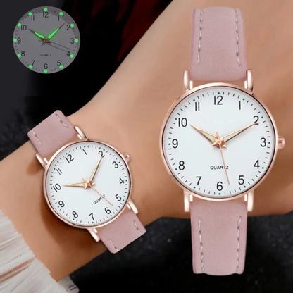 Ladies Retro Quartz Watch Diamond Dial Luminous Leather Strap Watch