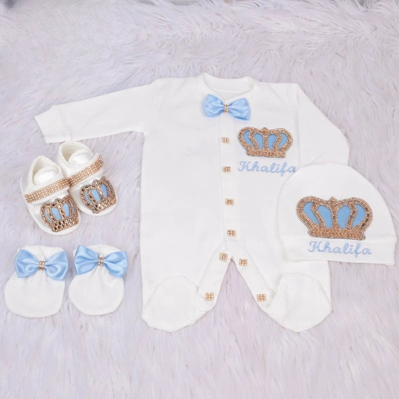 Name Personalized Layette Newborn 4pcs Crown Jewelry Welcome Home Romper Baby Clothes Baby Girl Boy Toddler's Cotton Outfits