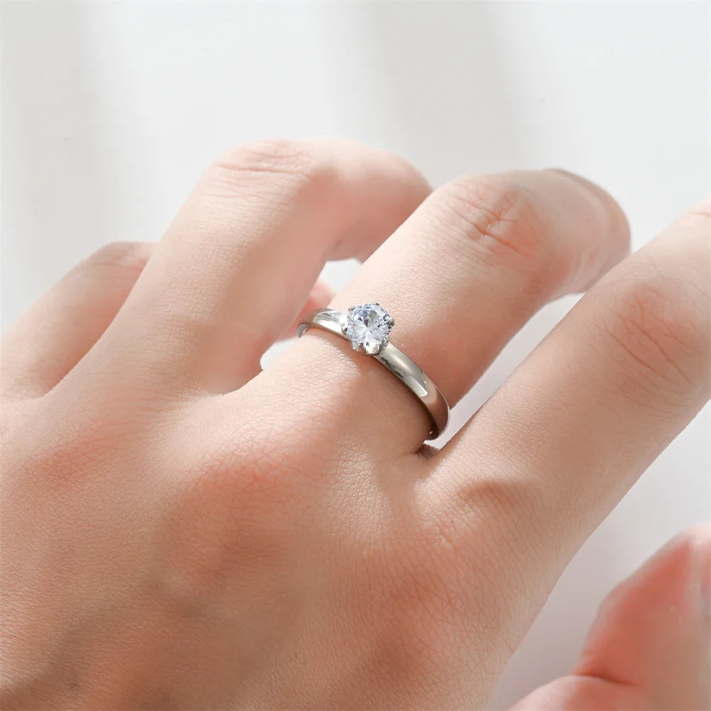 Diamond Setting Stainless Steel Couple Rings for Women Men Engagement Jewelry Valentine's Day Gifts Size 5-12