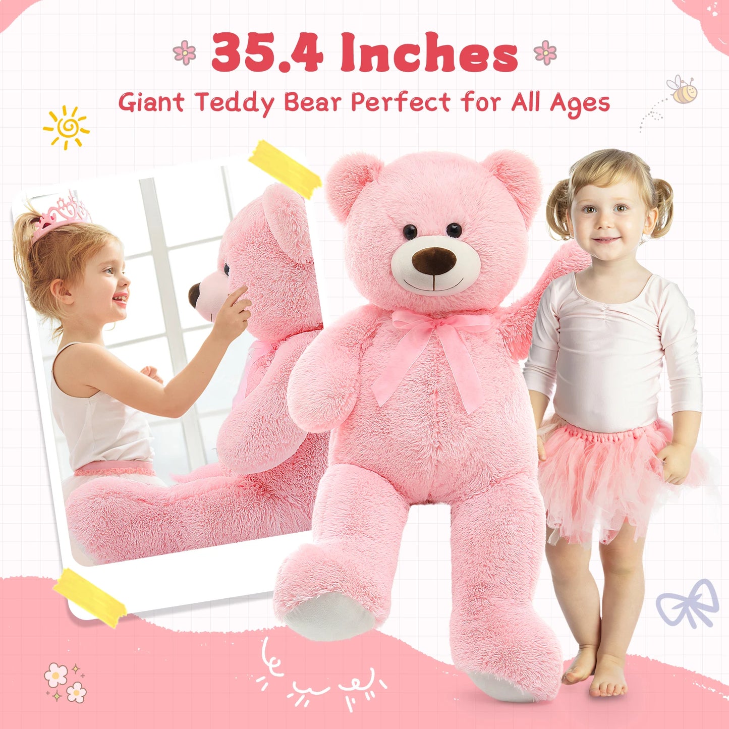MorisMos Giant Teddy Bear Stuffed Animal 3ft-36 inch Big Pink Teddy Bear for Girlfriend Boyfriend Wife Mom Fiancée Valentine's