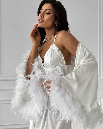 Wedding Bride Robe Feather Kimono Sexy Satin Sleepwear Gown