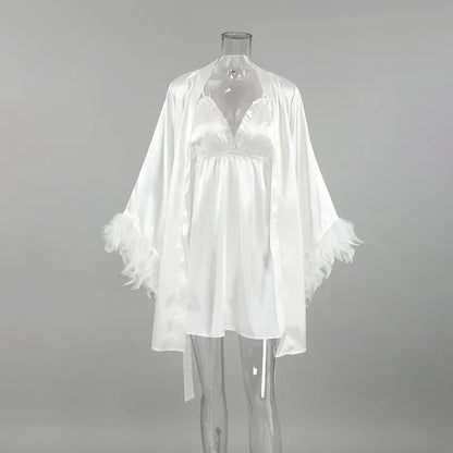 Wedding Bride Robe Feather Kimono Sexy Satin Sleepwear Gown