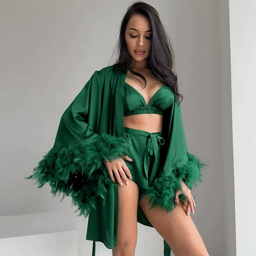 Wedding Bride Robe Feather Kimono Sexy Satin Sleepwear Gown