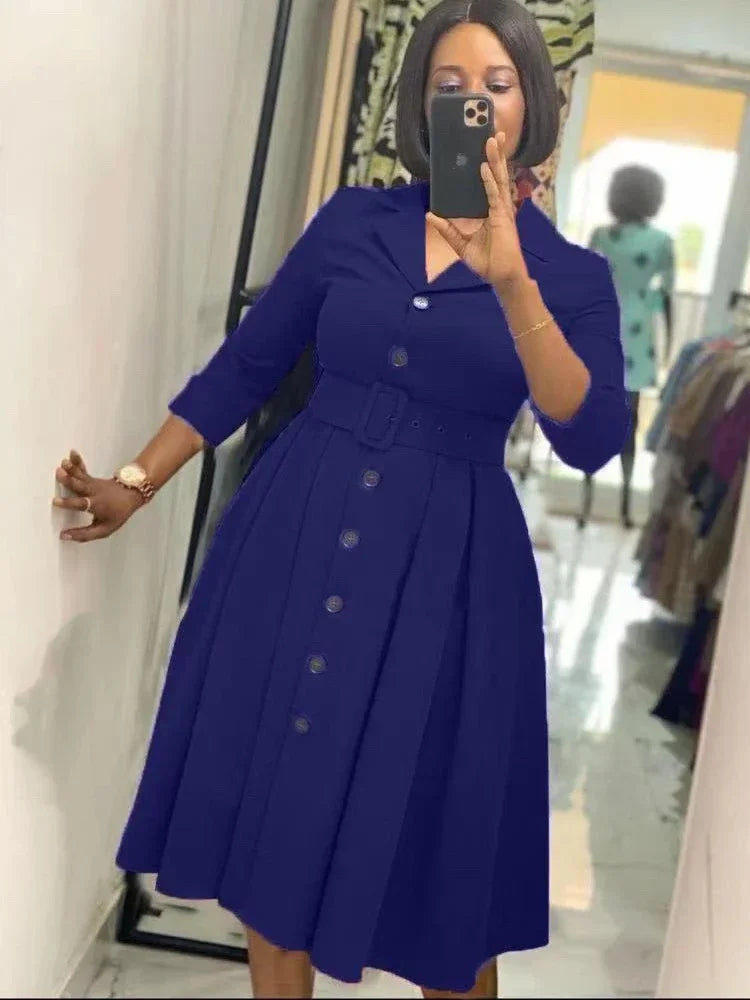 Elegant Women Office Dress Long Sleeve Button Down Belted Midi